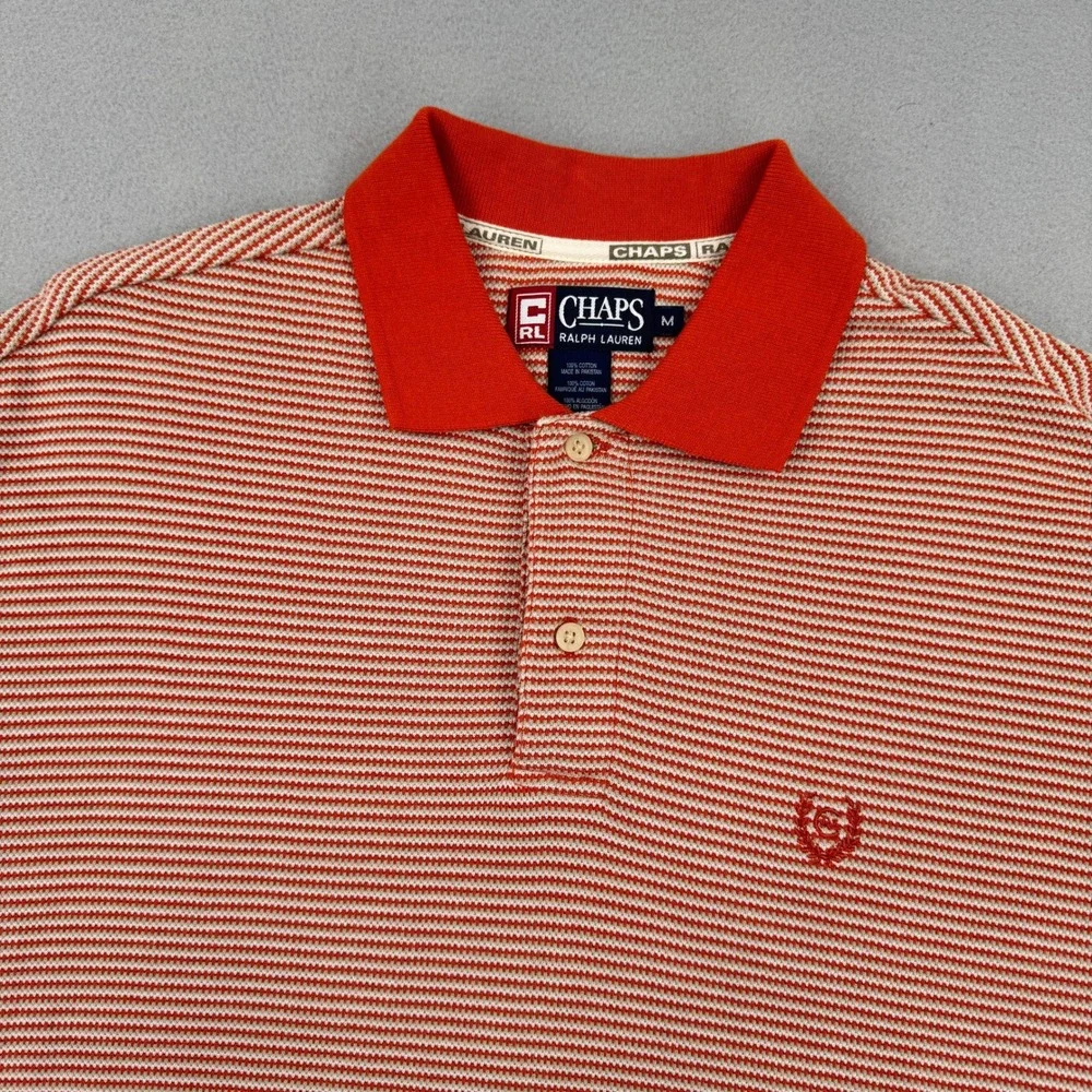 Chaps Ralph Lauren Mens M Orange Striped Polo Shirt Cotton Short Sleeve Retro